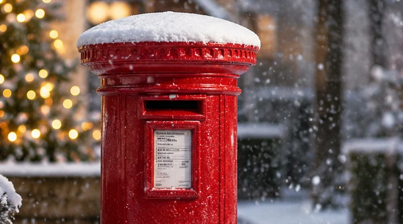 Snowy red British postbox at Christmas