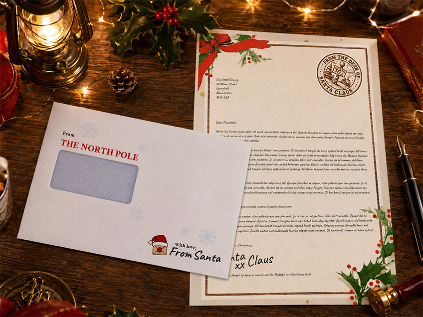 Personalised letter from Santa with envelope on a festive wooden table
