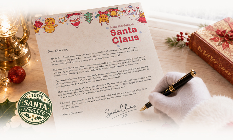 A personalised letter from Santa Claus being signed at the North Pole